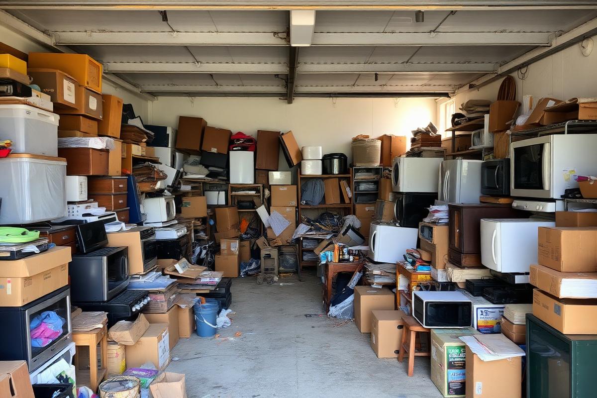 Cluttered garage packed with old furniture and boxes before junk removal